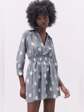 Zara Gray Polka Dot Smocked-Waist V-Neck Mini Dress Size Small